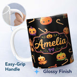 Personalized Custom Name Cute Halloween Pumpkin Candy Cartoon Seamless Pattern Name Unique 11oz Ceramic Coffee Tea Mug White Large Handle