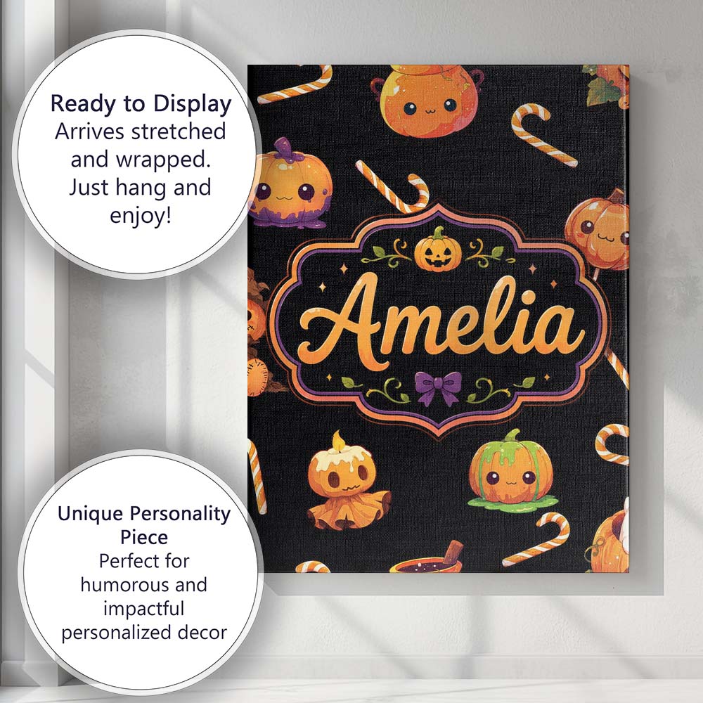 Personalised Name Cute Halloween Pumpkin Custom  Unique Gift Idea Elegant Feature Canvas Wall Art Print Decor Picture Ready to Hang