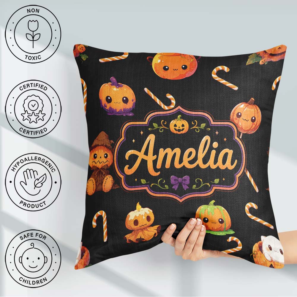 Custom Name Cute Halloween Pumpkin Cartoon Seamless Pattern Name Square Filled Cushion Throw Pillow Sofa Bed Home Decor Zip Washable UK Made