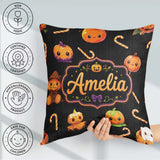 Custom Name Cute Halloween Pumpkin Cartoon Seamless Pattern Name Square Filled Cushion Throw Pillow Sofa Bed Home Decor Zip Washable UK Made