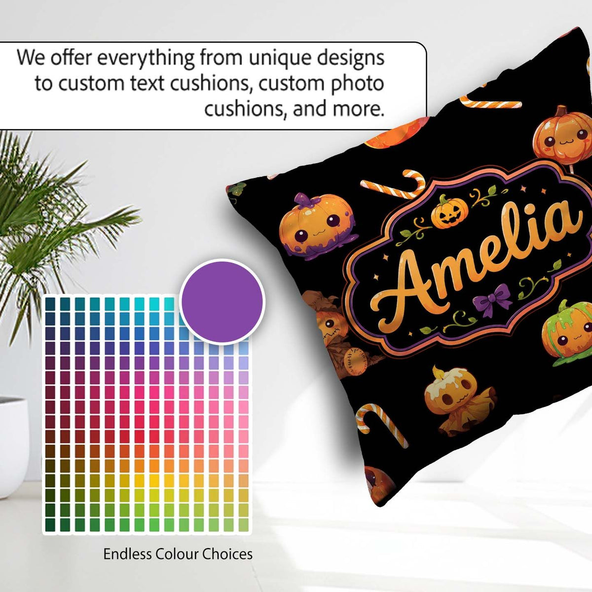 Custom Name Cute Halloween Pumpkin Cartoon Seamless Pattern Name Square Filled Cushion Throw Pillow Sofa Bed Home Decor Zip Washable UK Made