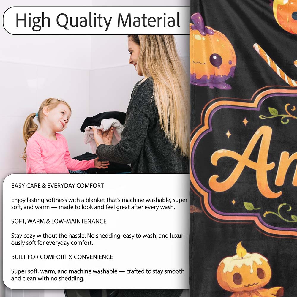 Cute Halloween Pumpkin Candy Cartoon Seamless Pattern Name Unique  Personalised Custom Name Super Soft Fleece Blanket Bed Sofa Throw