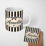 Personalized Custom Name Black and White Wavy Stripe Abstract Seamless Pattern Name Cute 11oz Ceramic Coffee Tea Mug White Large Handle