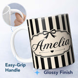 Personalized Custom Name Black and White Wavy Stripe Abstract Seamless Pattern Name Cute 11oz Ceramic Coffee Tea Mug White Large Handle