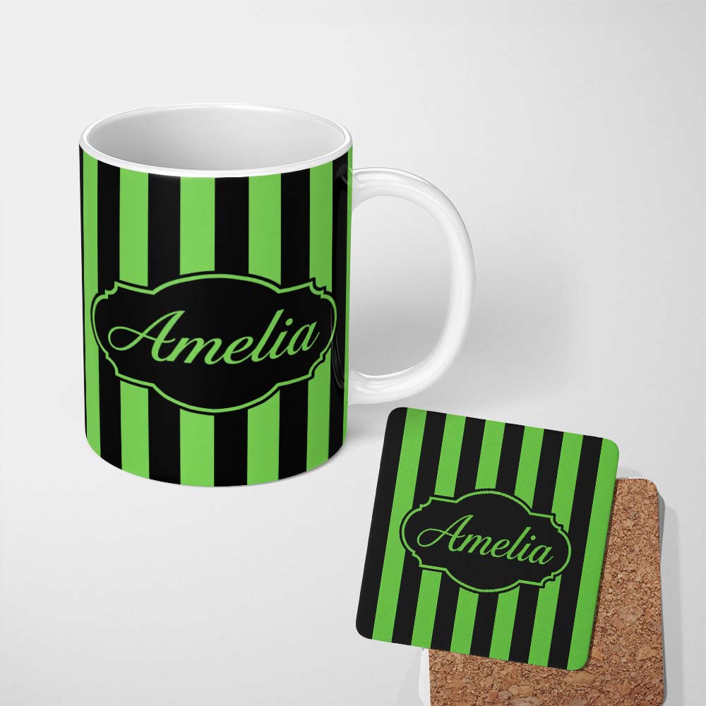 Personalized Custom Name Green and White Wavy Stripe Abstract Seamless Pattern Name Cute 11oz Ceramic Coffee Tea Mug White Large Handle