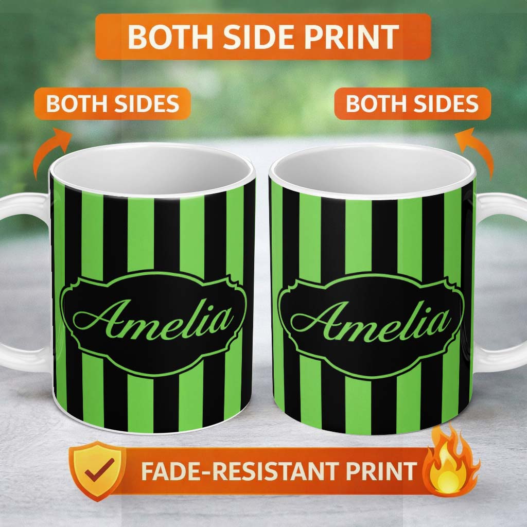 Personalized Custom Name Green and White Wavy Stripe Abstract Seamless Pattern Name Cute 11oz Ceramic Coffee Tea Mug White Large Handle