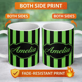Personalized Custom Name Green and White Wavy Stripe Abstract Seamless Pattern Name Cute 11oz Ceramic Coffee Tea Mug White Large Handle