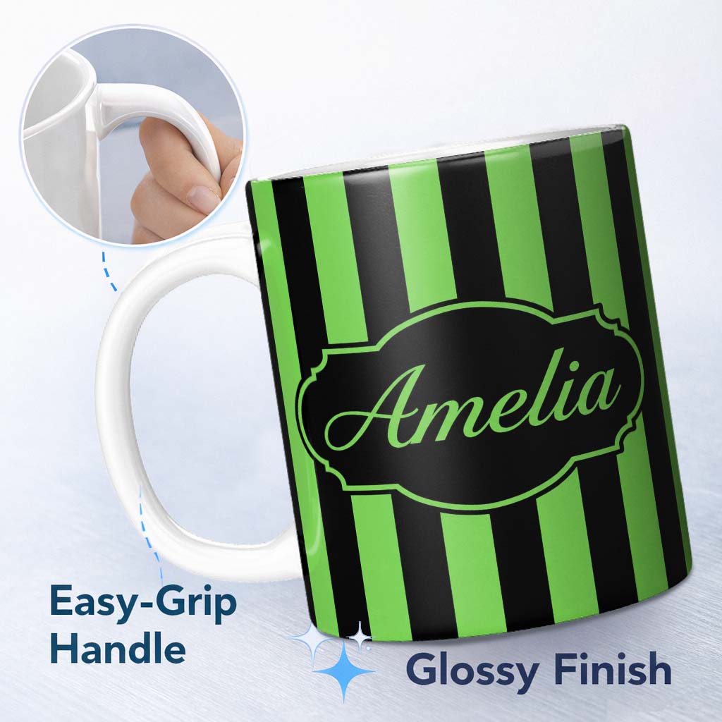 Personalized Custom Name Green and White Wavy Stripe Abstract Seamless Pattern Name Cute 11oz Ceramic Coffee Tea Mug White Large Handle