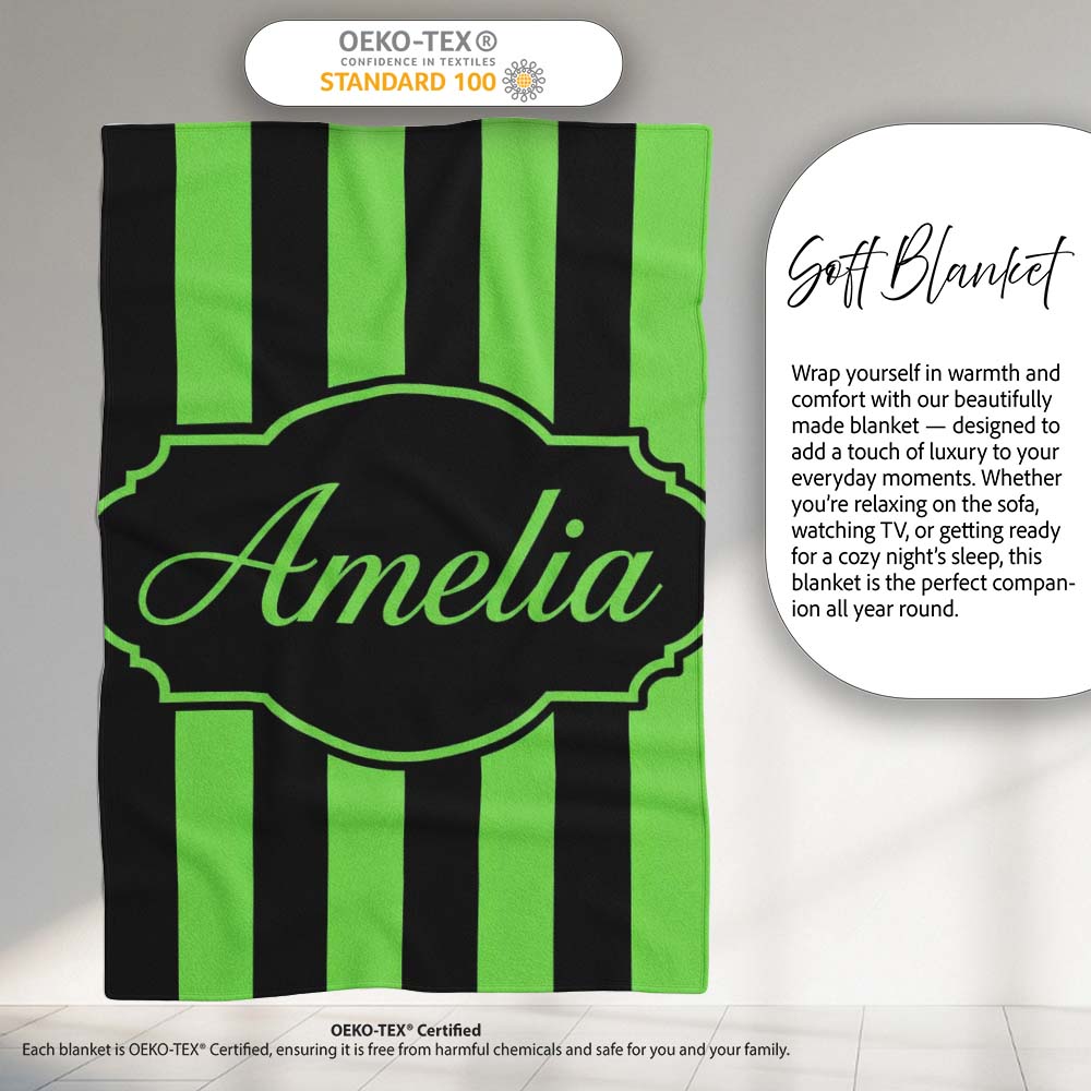 Green and White Wavy Stripe Abstract Seamless Pattern Name Cute  Personalised Custom Name Super Soft Fleece Blanket Bed Sofa Throw