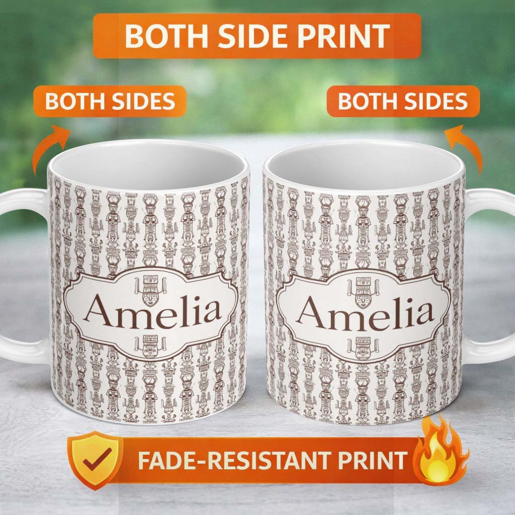 Personalized Custom Name Tribal Ethnic Line Art Figures Seamless Pattern Name Cute Unique 11oz Ceramic Coffee Tea Mug White Large Handle
