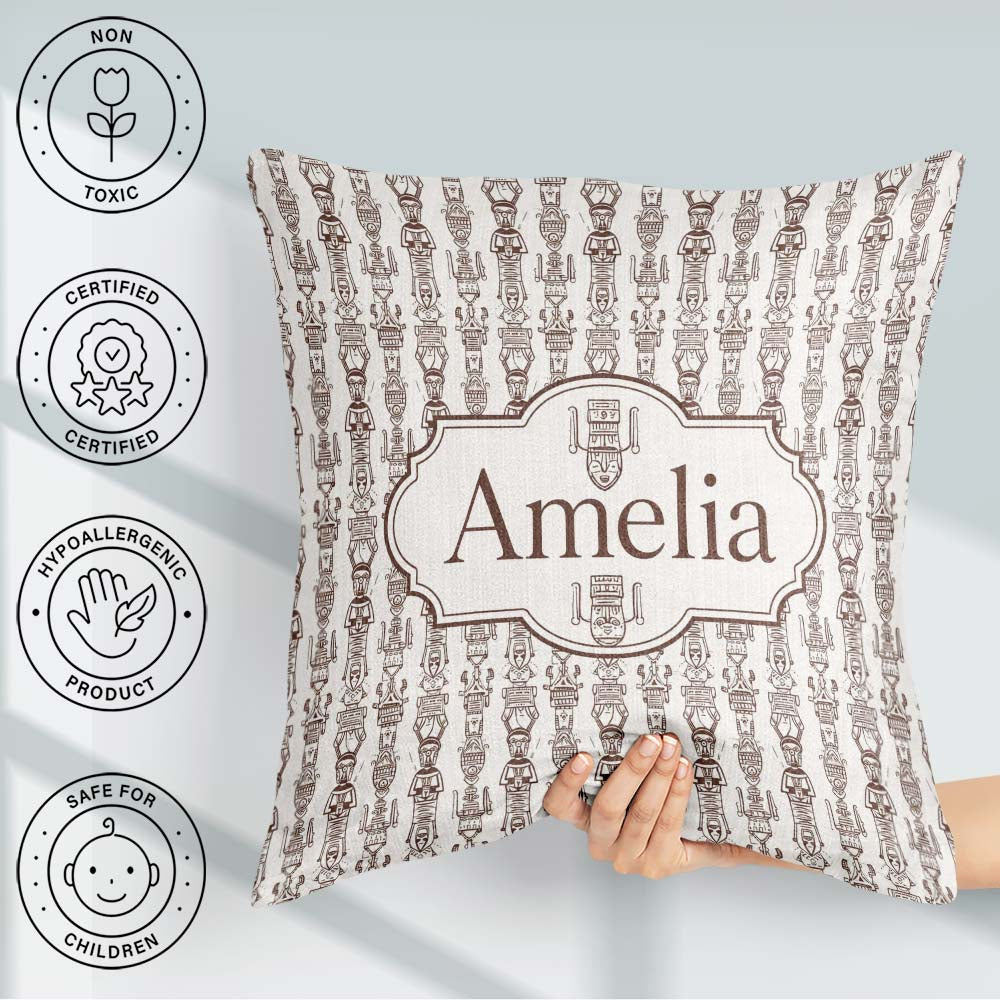 Custom Name Tribal Ethnic Line Art Figures Seamless Pattern Name Square Filled Cushion Throw Pillow Sofa Bed Home Decor Zip Washable UK Made