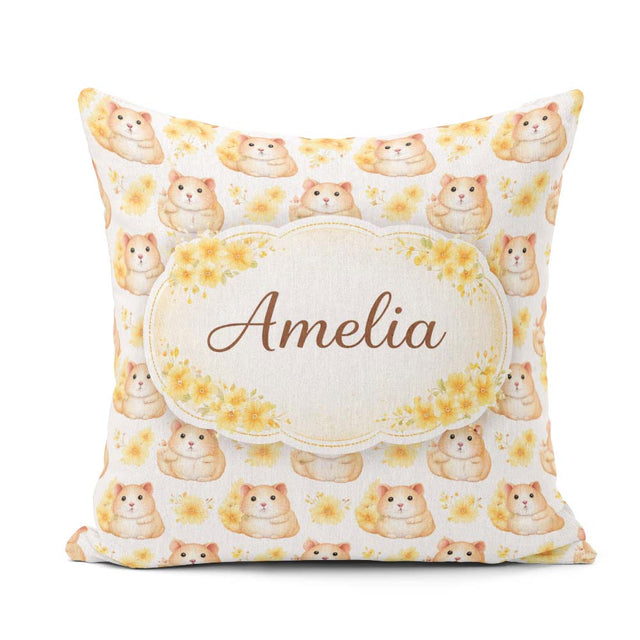 Custom Name Adorable Hamster Floral Yellow Accent Pattern Lovely Square Filled Cushion Throw Pillow Sofa Bed Home Decor Zip Washable UK Made
