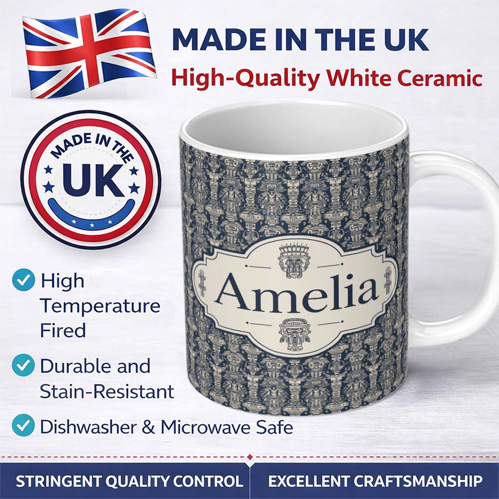 Personalized Custom Name Vintage Tribal Mask and Totem Seamless Pattern Name Cute Unique Gift 11oz Ceramic Coffee Tea Mug White Large Handle