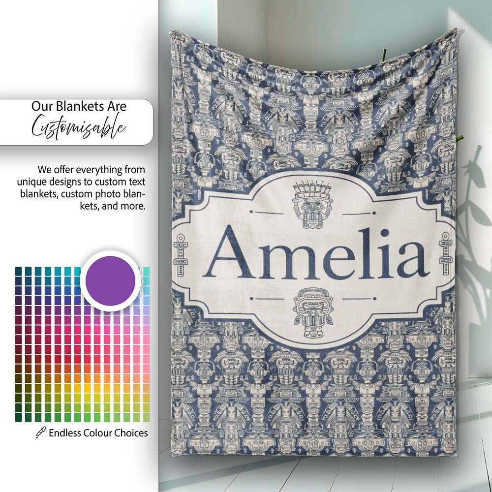 Vintage Tribal Mask and Totem Seamless Pattern Name Cute Unique Gift  Personalised Custom Name Super Soft Fleece Blanket Bed Sofa Throw