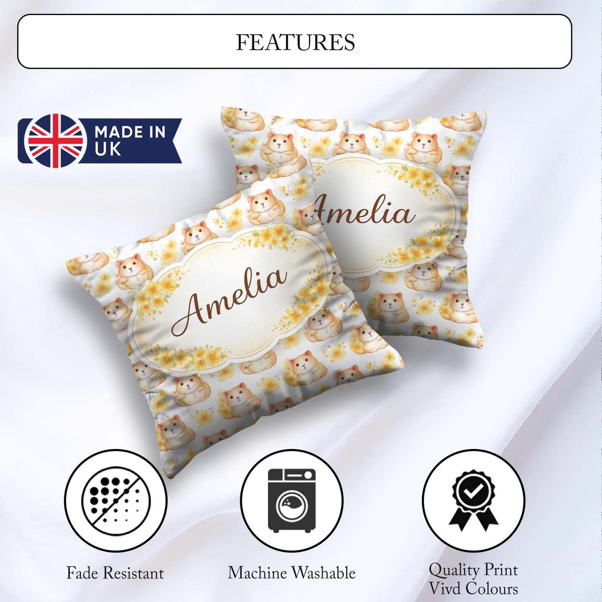 Custom Name Adorable Hamster Floral Yellow Accent Pattern Lovely Square Filled Cushion Throw Pillow Sofa Bed Home Decor Zip Washable UK Made