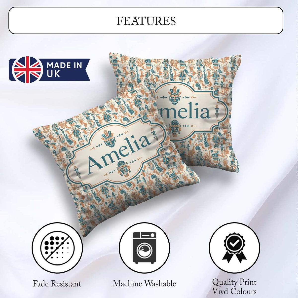 Custom Name Colorful Cultural Symbols Seamless Pattern Name Cute Square Filled Cushion Throw Pillow Sofa Bed Home Decor Zip Washable UK Made