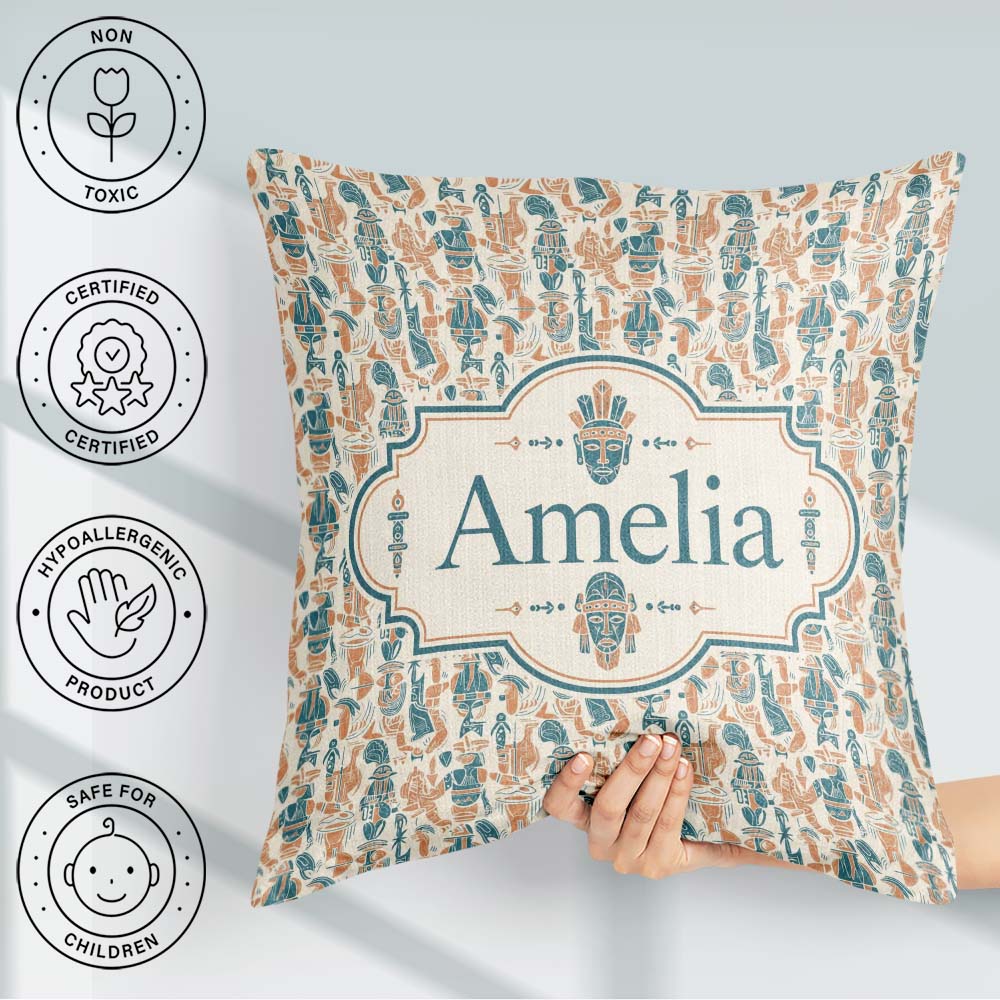 Custom Name Colorful Cultural Symbols Seamless Pattern Name Cute Square Filled Cushion Throw Pillow Sofa Bed Home Decor Zip Washable UK Made