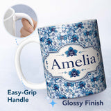 Personalized Custom Name Blue Floral Blossom Botanical Seamless Pattern Name Cute Unique Gift 11oz Ceramic Coffee Tea Mug White Large Handle