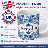 Personalized Custom Name Blue Floral Blossom Botanical Seamless Pattern Name Cute Unique Gift 11oz Ceramic Coffee Tea Mug White Large Handle