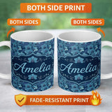 Personalized Custom Name Blue Orchid Floral Seamless Pattern Elegant Botanical Design Name 11oz Ceramic Coffee Tea Mug White Large Handle