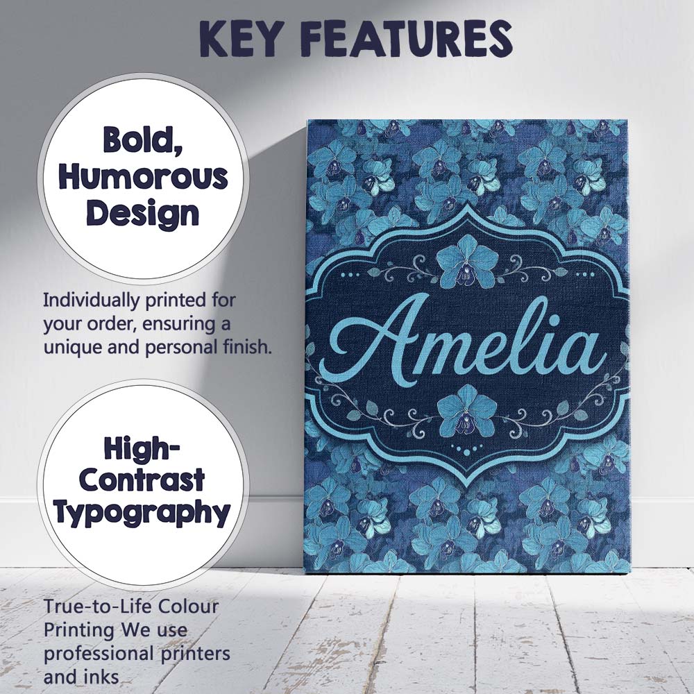 Personalised Name Blue Orchid Floral Custom Premium Decorative Design Modern Room Accent Canvas Wall Art Print Decor Picture Ready to Hang