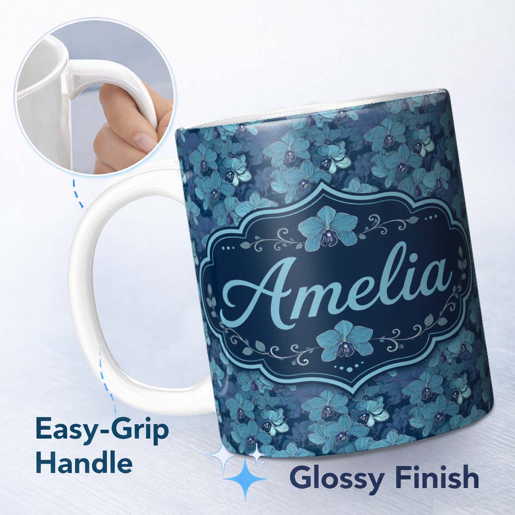 Personalized Custom Name Blue Orchid Floral Seamless Pattern Elegant Botanical Design Name 11oz Ceramic Coffee Tea Mug White Large Handle