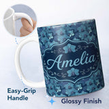 Personalized Custom Name Blue Orchid Floral Seamless Pattern Elegant Botanical Design Name 11oz Ceramic Coffee Tea Mug White Large Handle