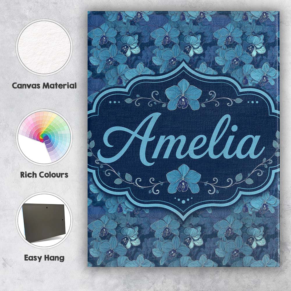 Personalised Name Blue Orchid Floral Custom Premium Decorative Design Modern Room Accent Canvas Wall Art Print Decor Picture Ready to Hang