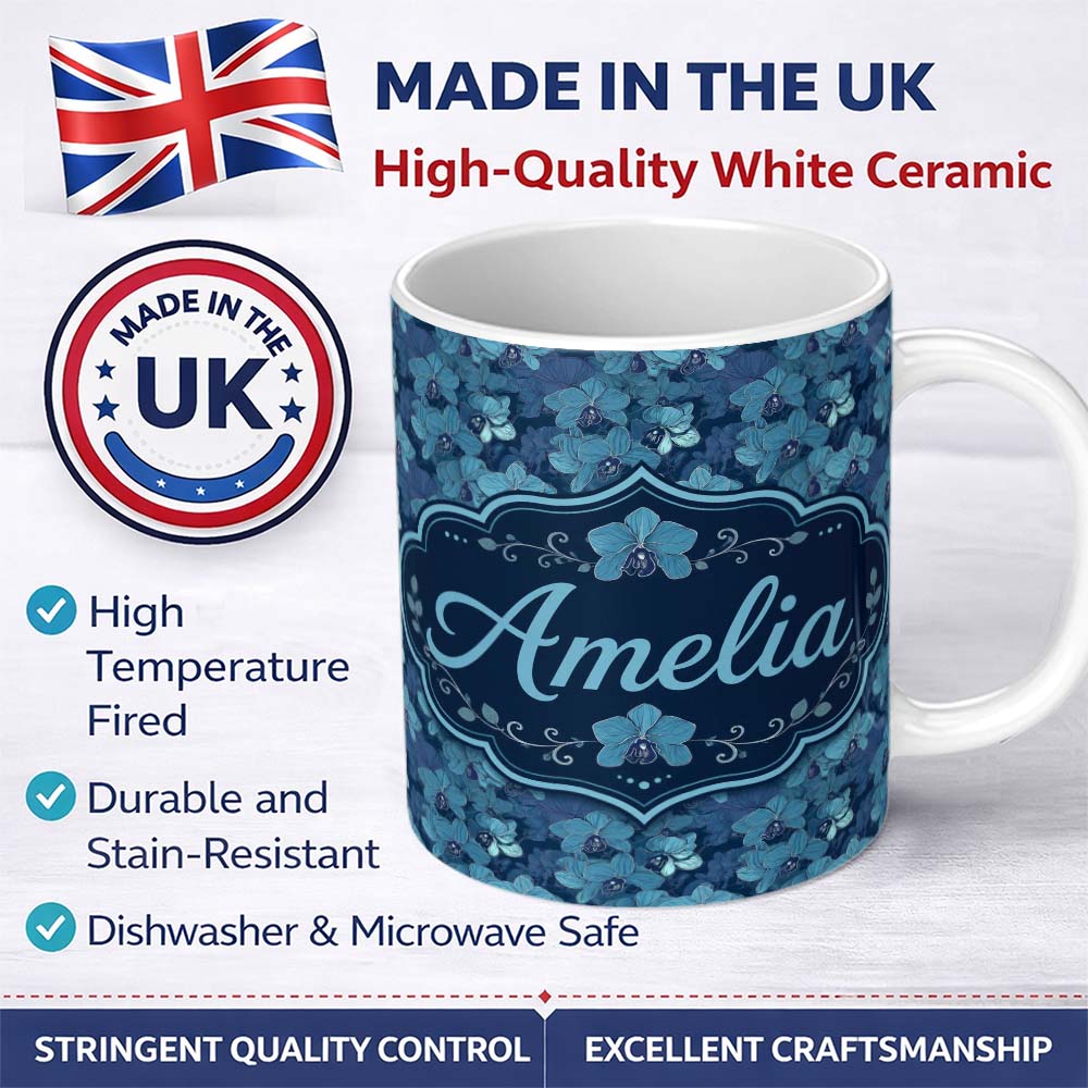 Personalized Custom Name Blue Orchid Floral Seamless Pattern Elegant Botanical Design Name 11oz Ceramic Coffee Tea Mug White Large Handle