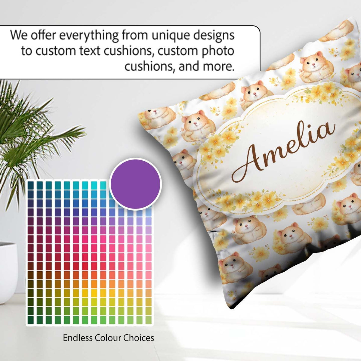 Custom Name Adorable Hamster Floral Yellow Accent Pattern Lovely Square Filled Cushion Throw Pillow Sofa Bed Home Decor Zip Washable UK Made