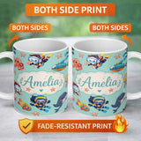 Personalized Custom Name Underwater with Scuba Divers Starfish and Whale on Seafoam Green 11oz Ceramic Coffee Tea Mug White Large Handle