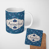 Personalized Custom Name Teal Orchid Bloom Seamless Pattern Soft Artistic Floral Design Name 11oz Ceramic Coffee Tea Mug White Large Handle