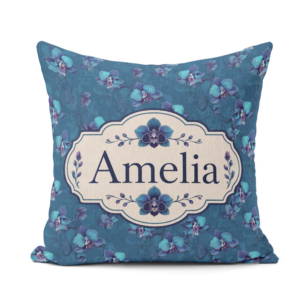 Custom Name Teal Orchid Bloom Seamless Soft Artistic Floral Name Square Filled Cushion Throw Pillow Sofa Bed Home Decor Zip Washable UK Made