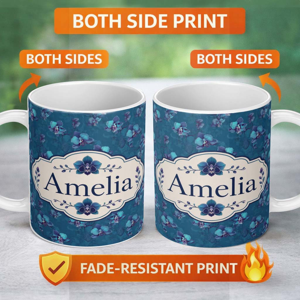 Personalized Custom Name Teal Orchid Bloom Seamless Pattern Soft Artistic Floral Design Name 11oz Ceramic Coffee Tea Mug White Large Handle