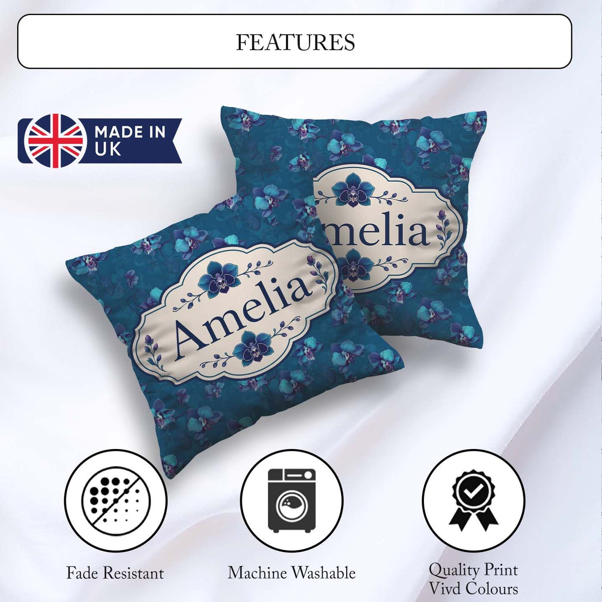 Custom Name Teal Orchid Bloom Seamless Soft Artistic Floral Name Square Filled Cushion Throw Pillow Sofa Bed Home Decor Zip Washable UK Made