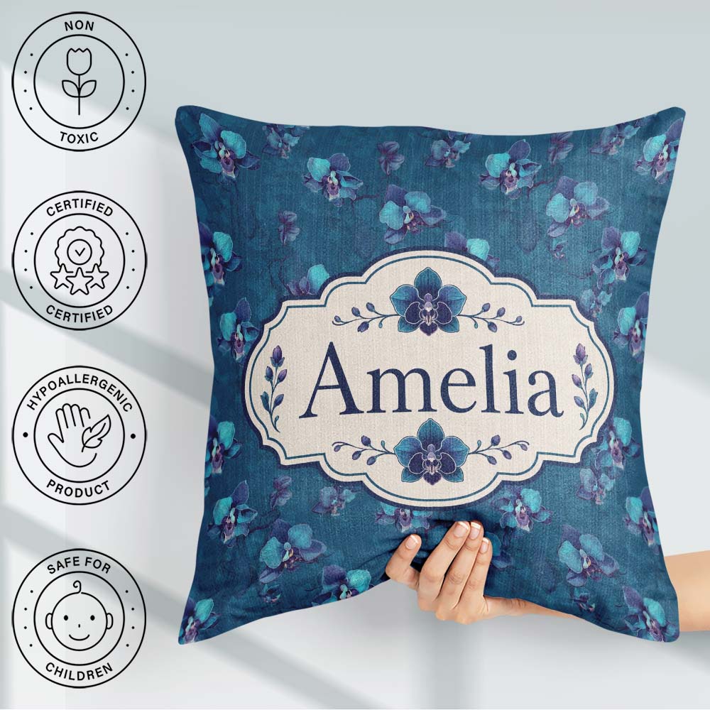Custom Name Teal Orchid Bloom Seamless Soft Artistic Floral Name Square Filled Cushion Throw Pillow Sofa Bed Home Decor Zip Washable UK Made