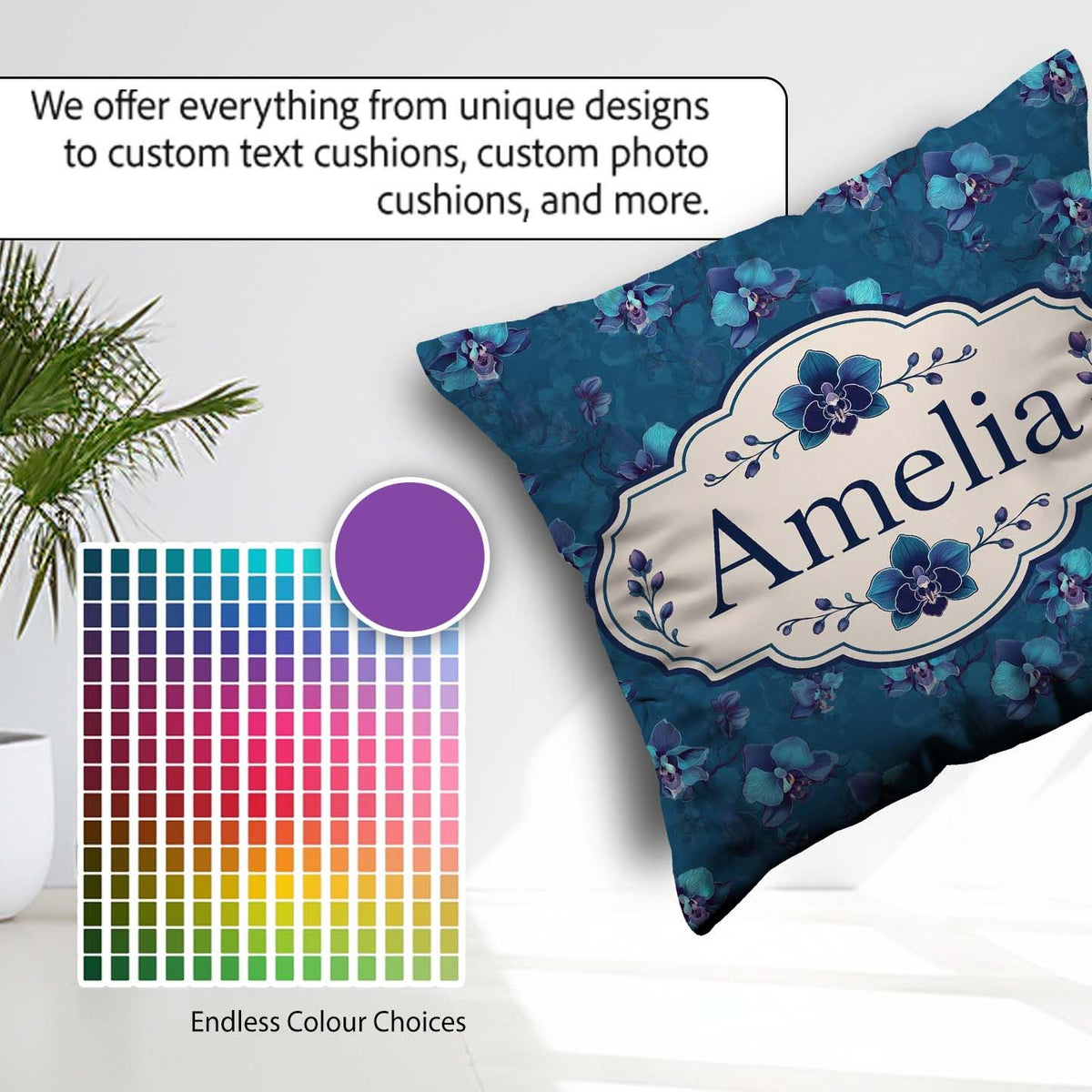 Custom Name Teal Orchid Bloom Seamless Soft Artistic Floral Name Square Filled Cushion Throw Pillow Sofa Bed Home Decor Zip Washable UK Made