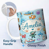 Personalized Custom Name Cartoon Ocean with various sea Creatures Sea Creatures on Aqua Blue 11oz Ceramic Coffee Tea Mug White Large Handle