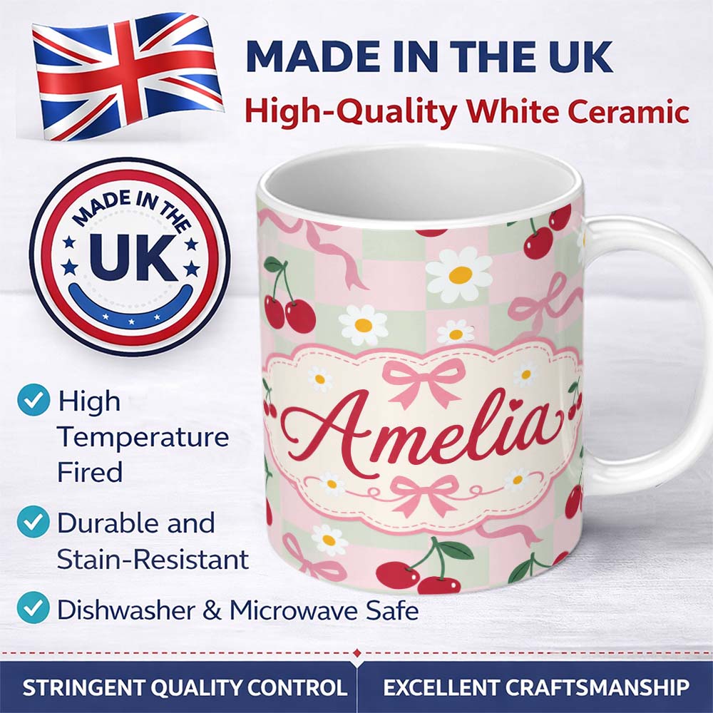 Personalized Custom Name Cute Cherry and Daisy Flowers with Pink Ribbon Bows Green Check 11oz Ceramic Coffee Tea Mug White Large Handle
