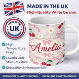 Personalized Custom Name Cute Cherry and Daisy Flowers with Pink Ribbon Bows Green Check 11oz Ceramic Coffee Tea Mug White Large Handle