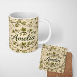 Personalized Custom Name Natural Woodland Vine Leaves Seamless Pattern Charming Kitchen Decor 11oz Ceramic Coffee Tea Mug White Large Handle