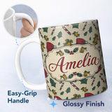 Personalized Custom Name Christmas Candy Cane Bells Santa Hat Seamless Pattern Lovely 11oz Ceramic Coffee Tea Mug White Large Handle