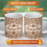 Personalized Custom Name Hand Drawn Kitchen Utensils Seamless Pattern Rustic Cooking Theme 11oz Ceramic Coffee Tea Mug White Large Handle
