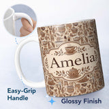 Personalized Custom Name Hand Drawn Kitchen Utensils Seamless Pattern Rustic Cooking Theme 11oz Ceramic Coffee Tea Mug White Large Handle