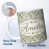 Personalized Custom Name White Daisy Flower Garden Seamless Pattern Fresh Botanical Nature 11oz Ceramic Coffee Tea Mug White Large Handle