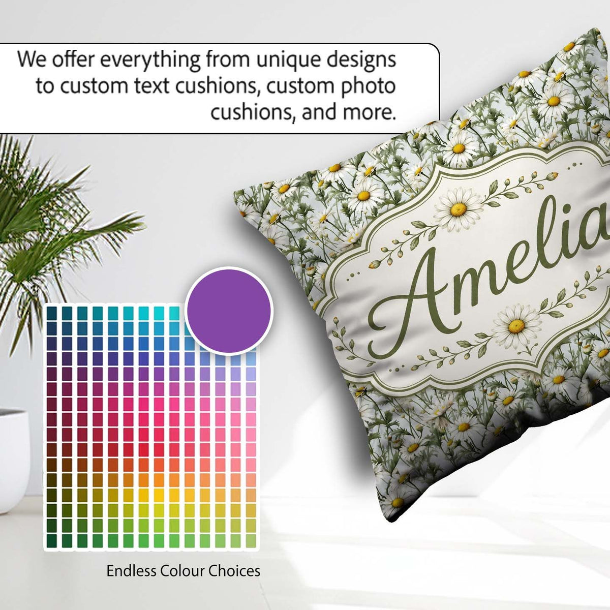 Custom Name White Daisy Flower Garden Seamless Pattern Botanical Square Filled Cushion Throw Pillow Sofa Bed Home Decor Zip Washable UK Made