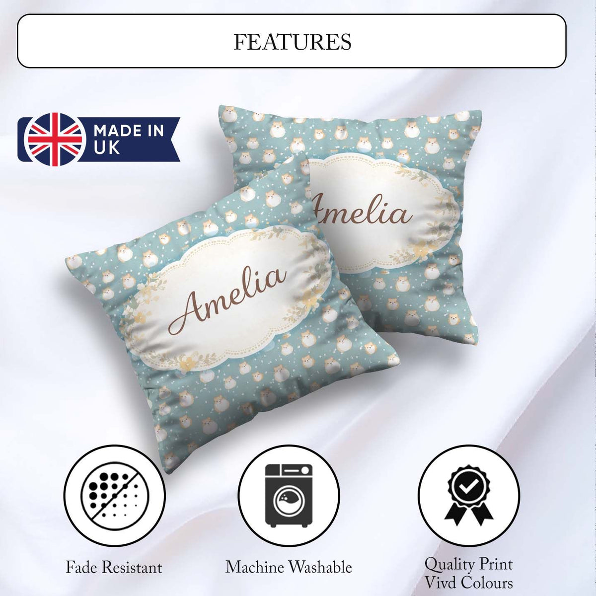 Custom Name Light Blue Cute Hamster Snowfall Seamless Pattern Square Filled Cushion Throw Pillow Sofa Bed Home Decor Zip Washable UK Made