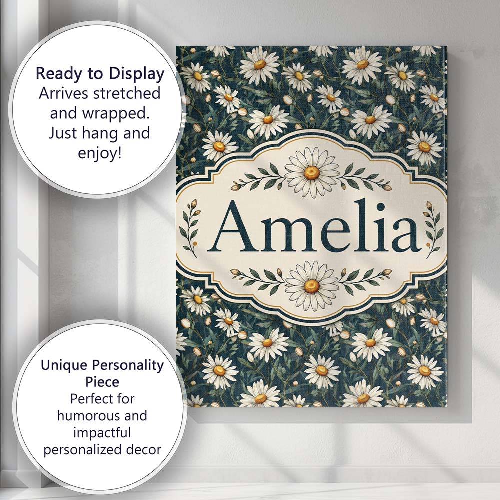 Personalised Name White Daisy Floral Custom Premium Decorative Design Modern Room Accent Canvas Wall Art Print Decor Picture Ready to Hang