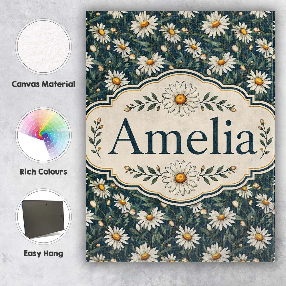 Personalised Name White Daisy Floral Custom Premium Decorative Design Modern Room Accent Canvas Wall Art Print Decor Picture Ready to Hang