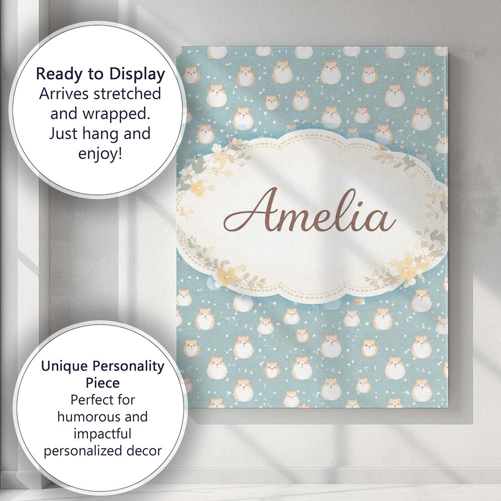 Personalised Name Light Blue Cute Hamster Snowfall Seamless Pattern Custom Canvas Wall Art Print Decor Picture Ready to Hang